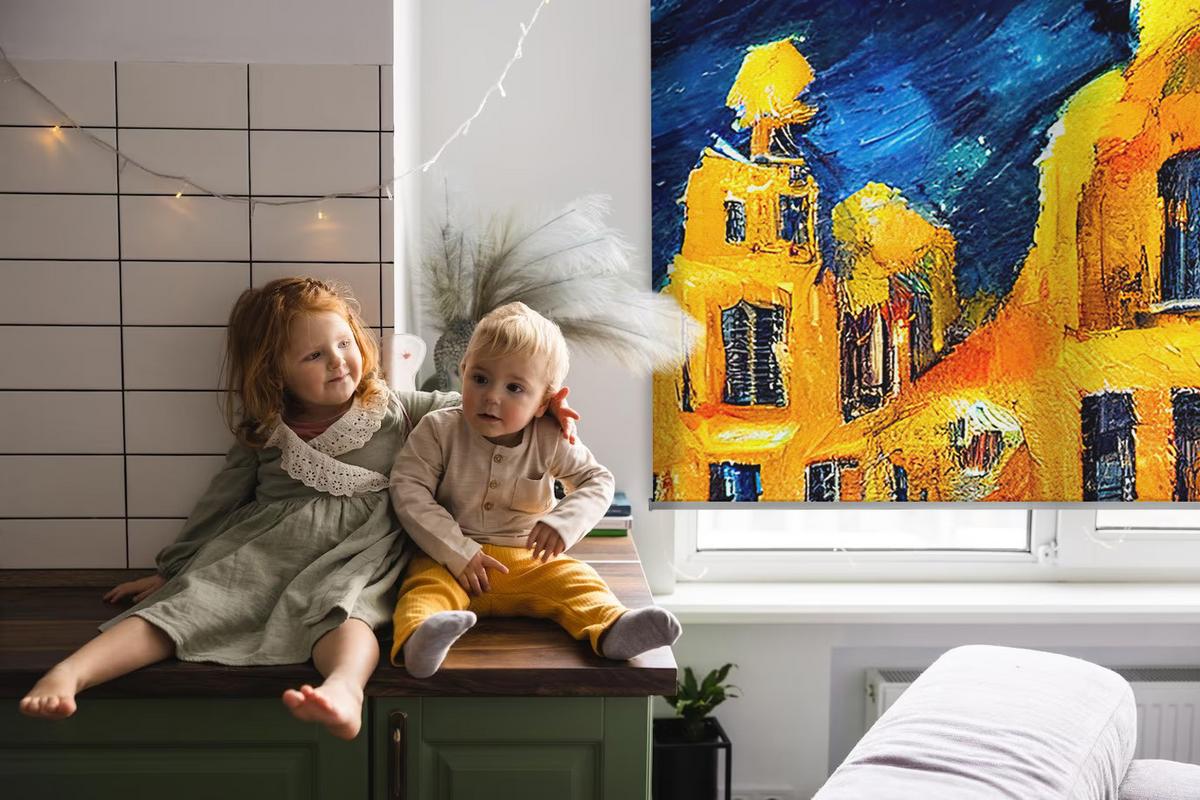 INNENROLLO - Fensterrollo - Rollo - 80x180 cm - Gemalte Stadt - Dunkelblau, Kunststoff (80/180/0.5cm) - TULUP