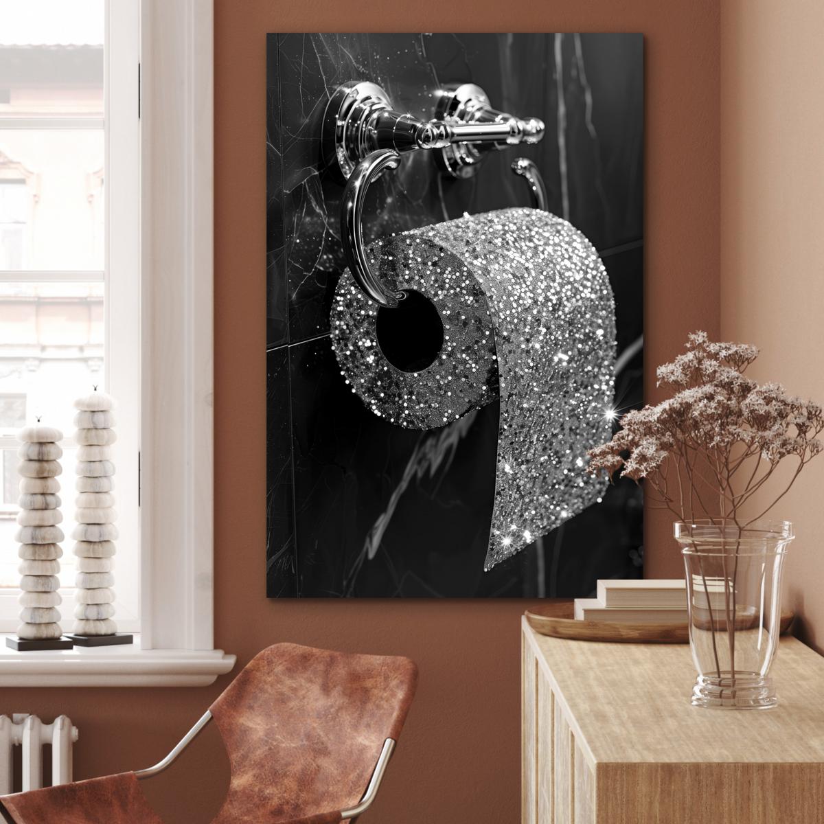 METALLBILD WC - Toilettenpapier - Schwarz und weiß - Glitter 80x120 cm - Silberfarben, Metall (80/120cm) - MuchoWow