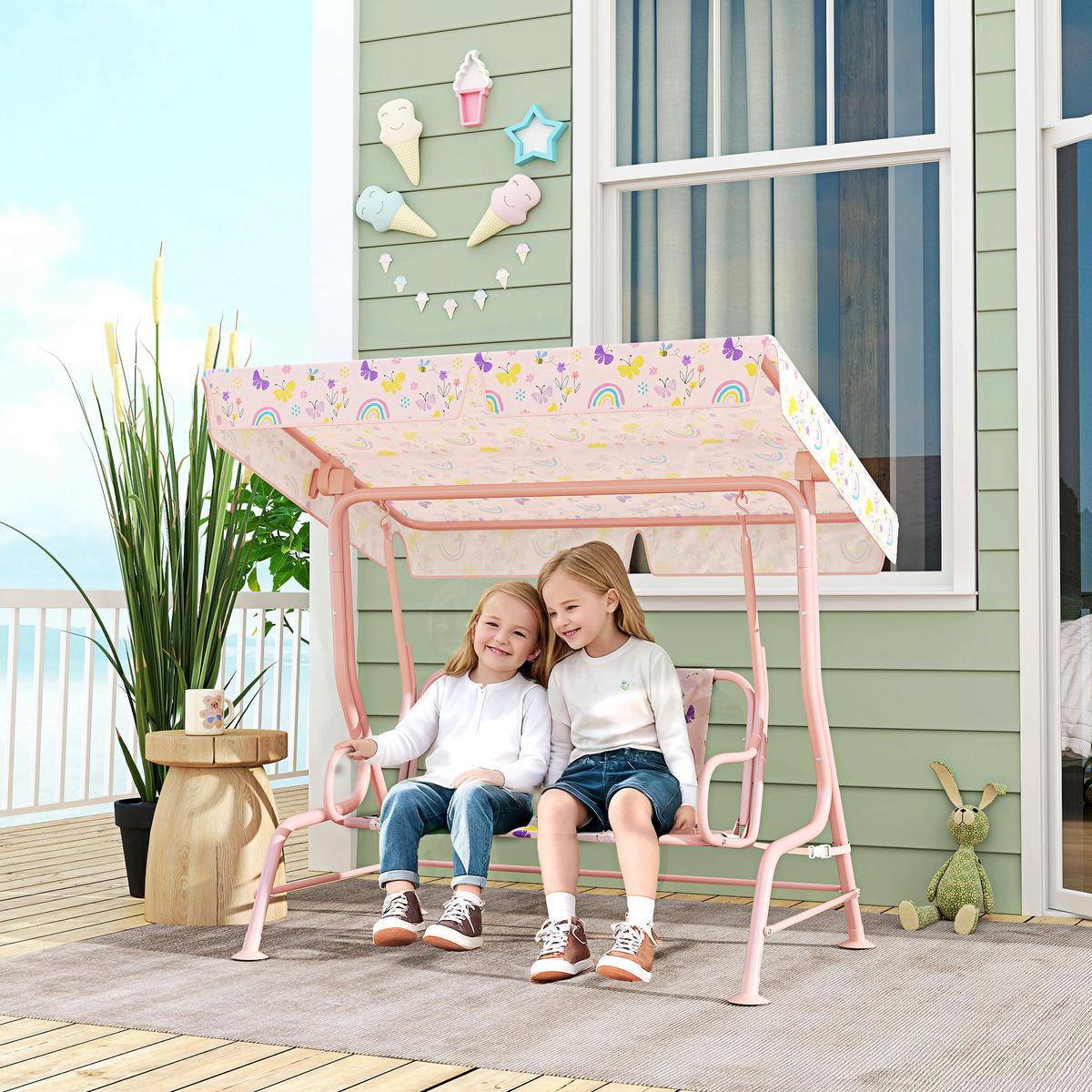 KINDER Hollywoodschaukel 2-Sitzer Kinderschaukel mit verstellbarem Sonnendach - Rosa, Metall (75/120/112cm) - AIYAPLAY