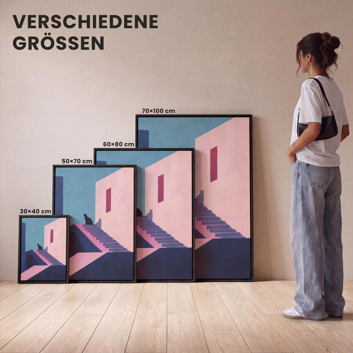 LEINWAND Bilder mit Rahmen - Katze - Treppe - Gebäude - Schattenkontraste - 60x80 - Dunkelblau, Textil (60/80cm) - MuchoWow