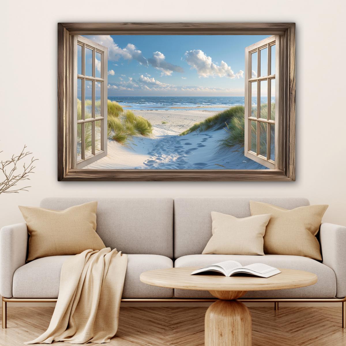 LEINWANDBILD Aussicht - Strand - Fenster - Dünen - Meer Wohnzimmer Groß 120x80 cm - Hellblau, Textil (120/80cm) - MuchoWow