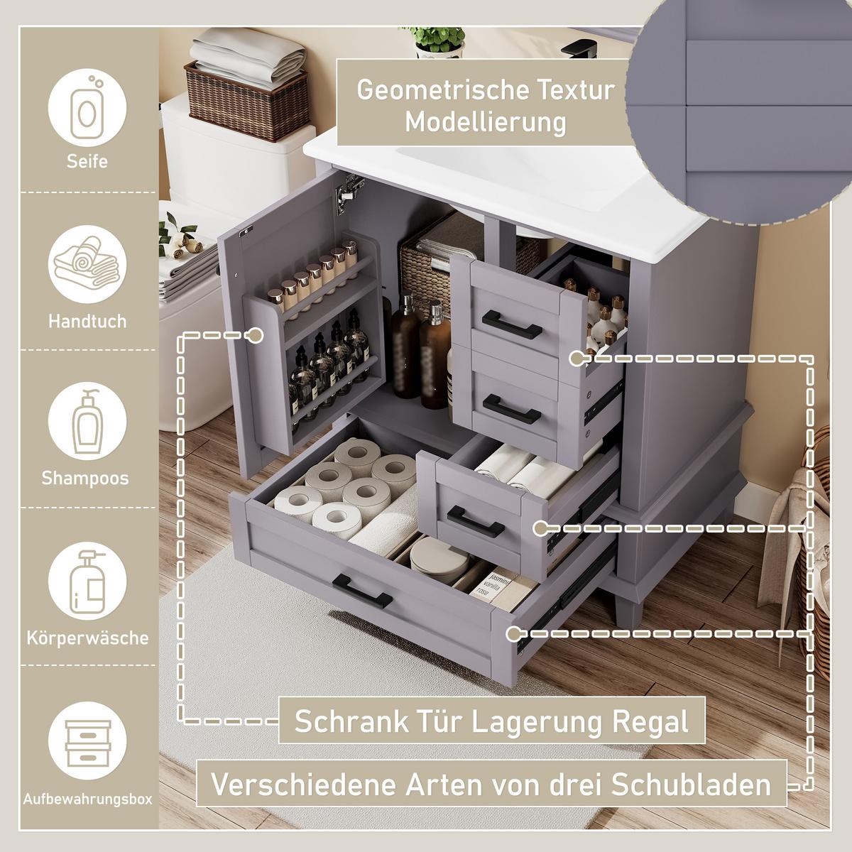 WASCHTISCHKOMBI Grau freistehend mit Keramikbecken & 3 Schubladen - Grau, Keramik/Holzwerkstoff (76/83/46cm) - Urban Meuble