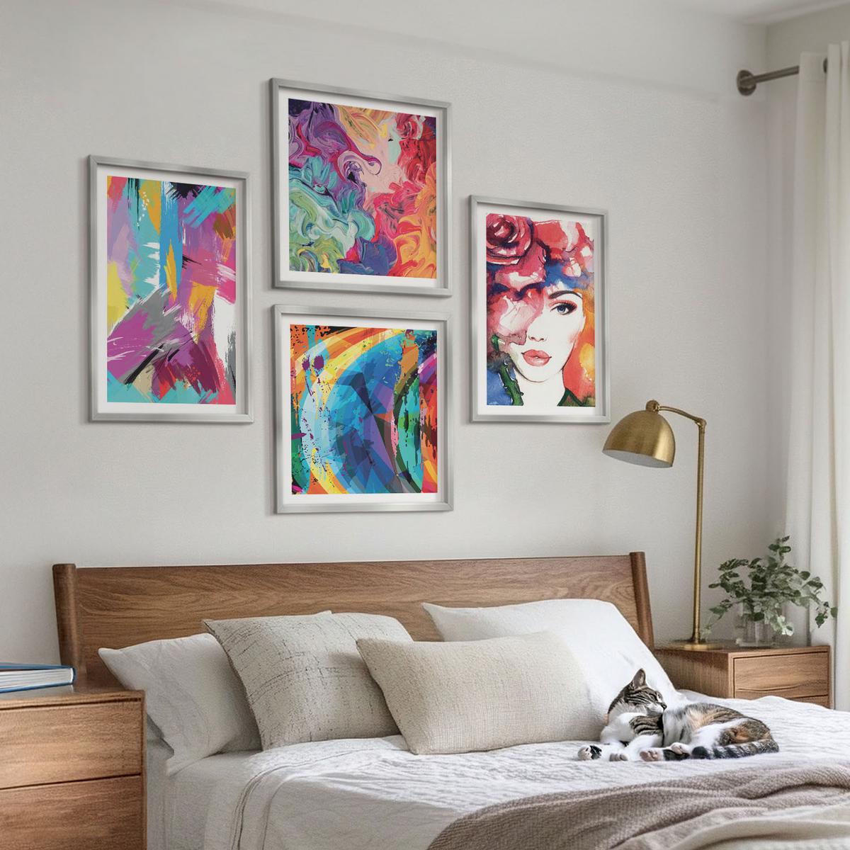 BILDER SET 4er Set - 50x50 cm & 40x60 cm Silberner Rahmen - Farbenfrohes abstraktes Porträt - Silberfarben, Kunststoff (50/50cm) - TULUP
