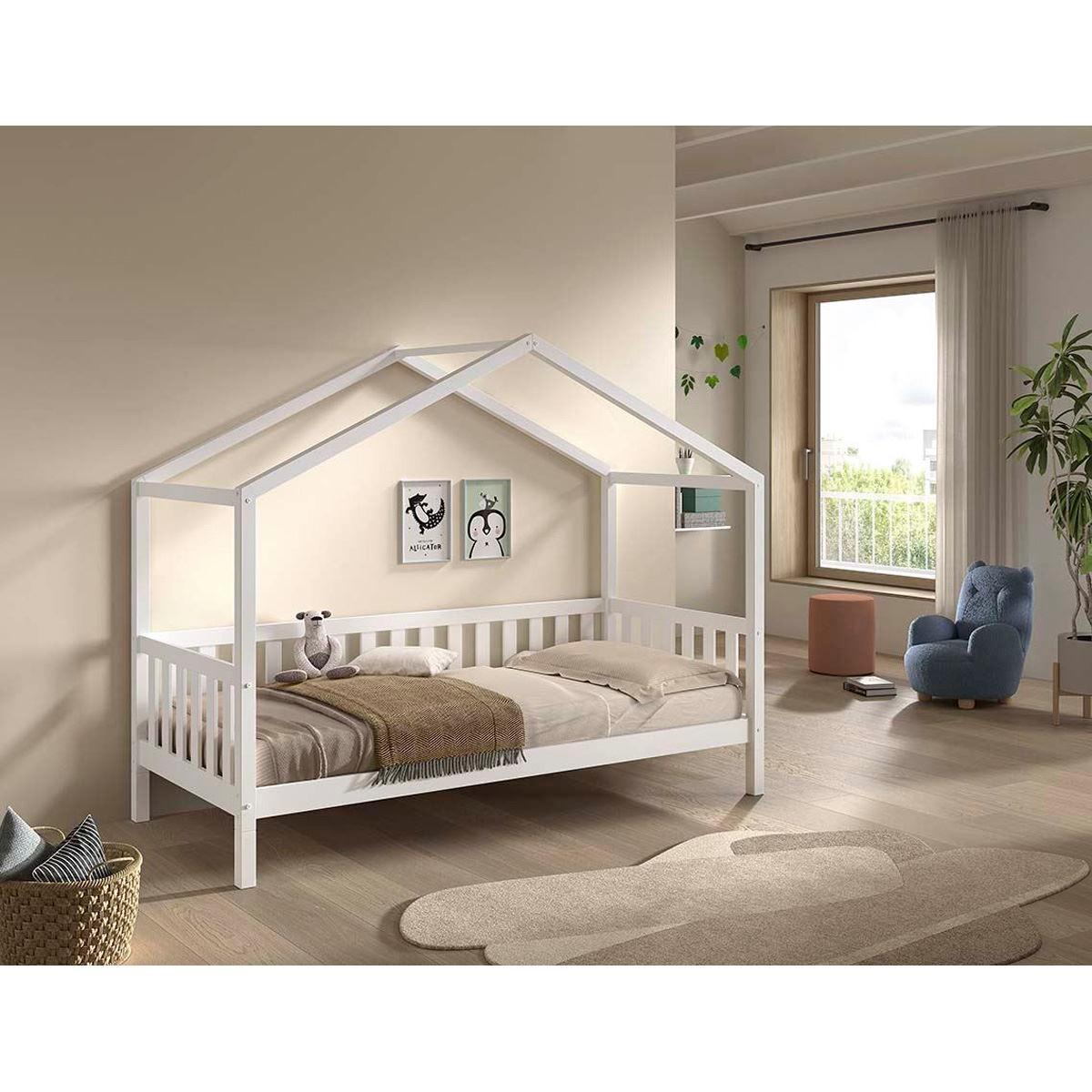 HAUSBETT Kapua 90x200 auch als Bodenbett Kiefer Massivholz Weiß - Weiß, Holz (90/200cm) - 58aufmkessel