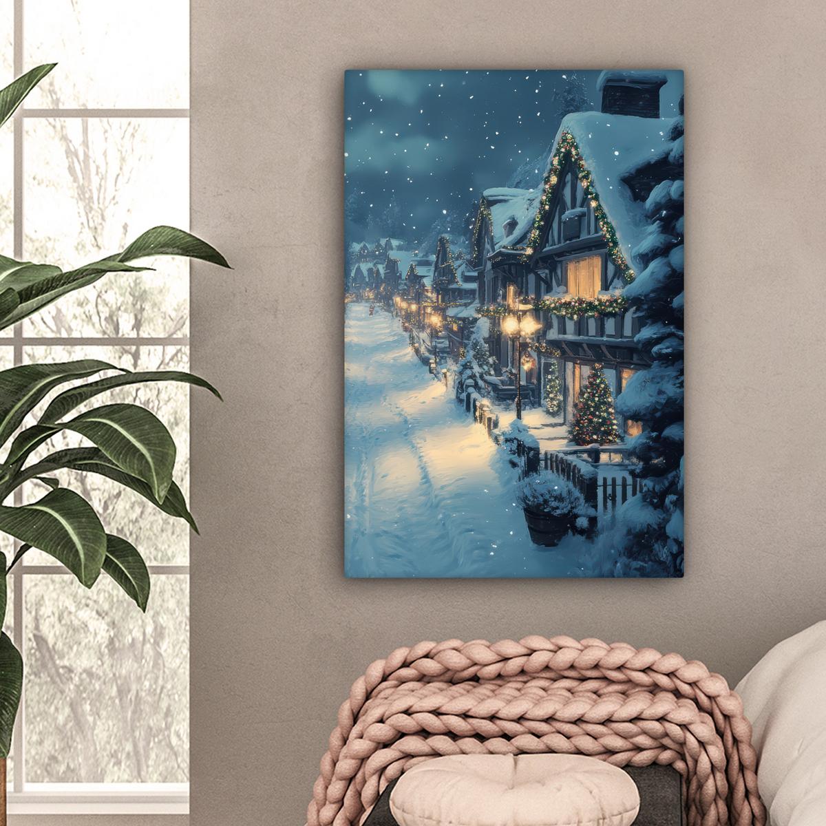LEINWANDBILD Weihnachtsdorf - Weihnachten - Schnee - Winter Wanddeko 40x60 cm - Dunkelblau, Textil (40/60cm) - MuchoWow