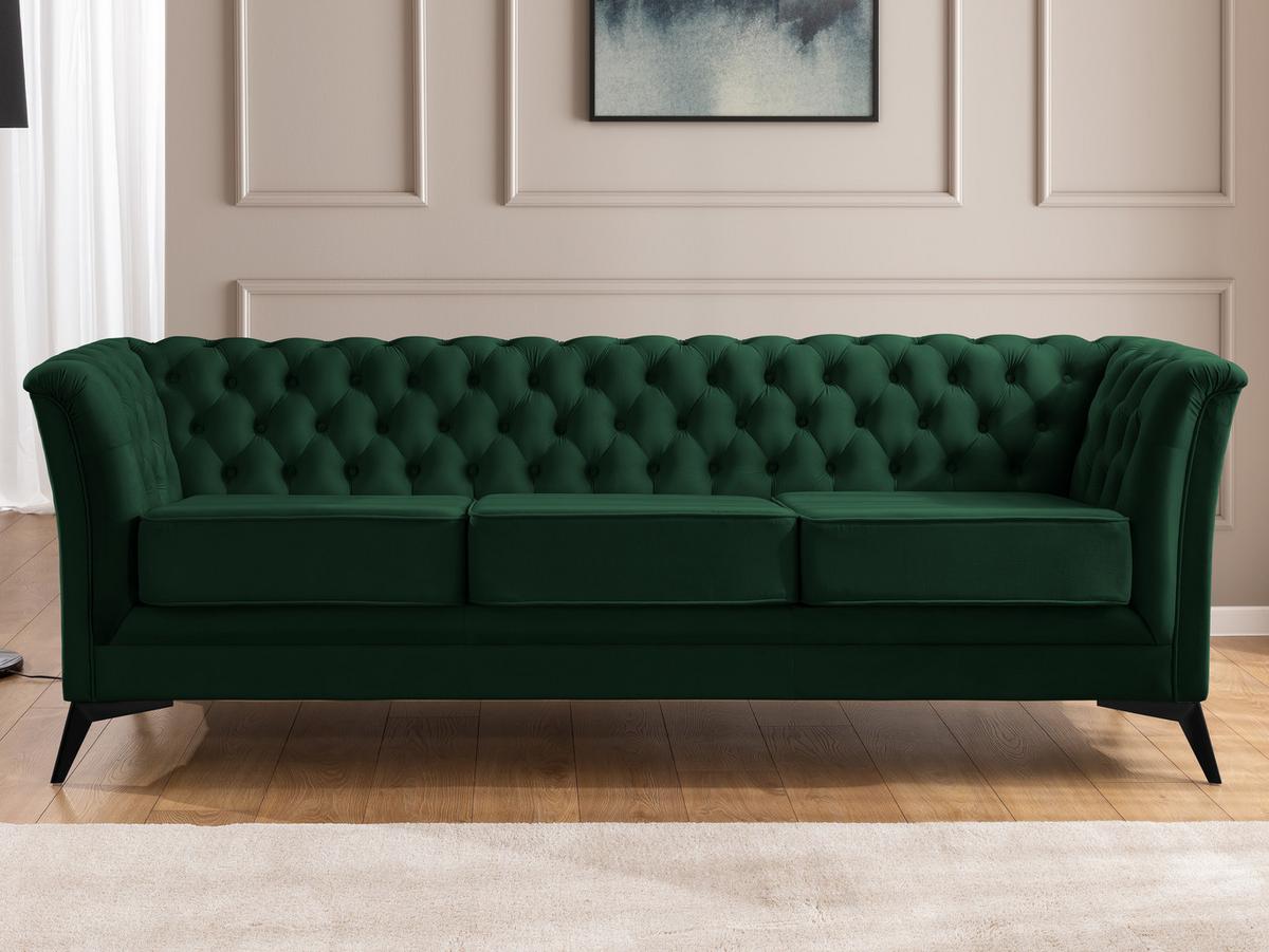 CHESTERFIELD-SOFA 3-sitzer Whitby Flaschengrün Samt mit schwarzen Füßen - Dunkelgrün/Schwarz, Holz/Textil (237/78/82cm) - S-Style Möbel