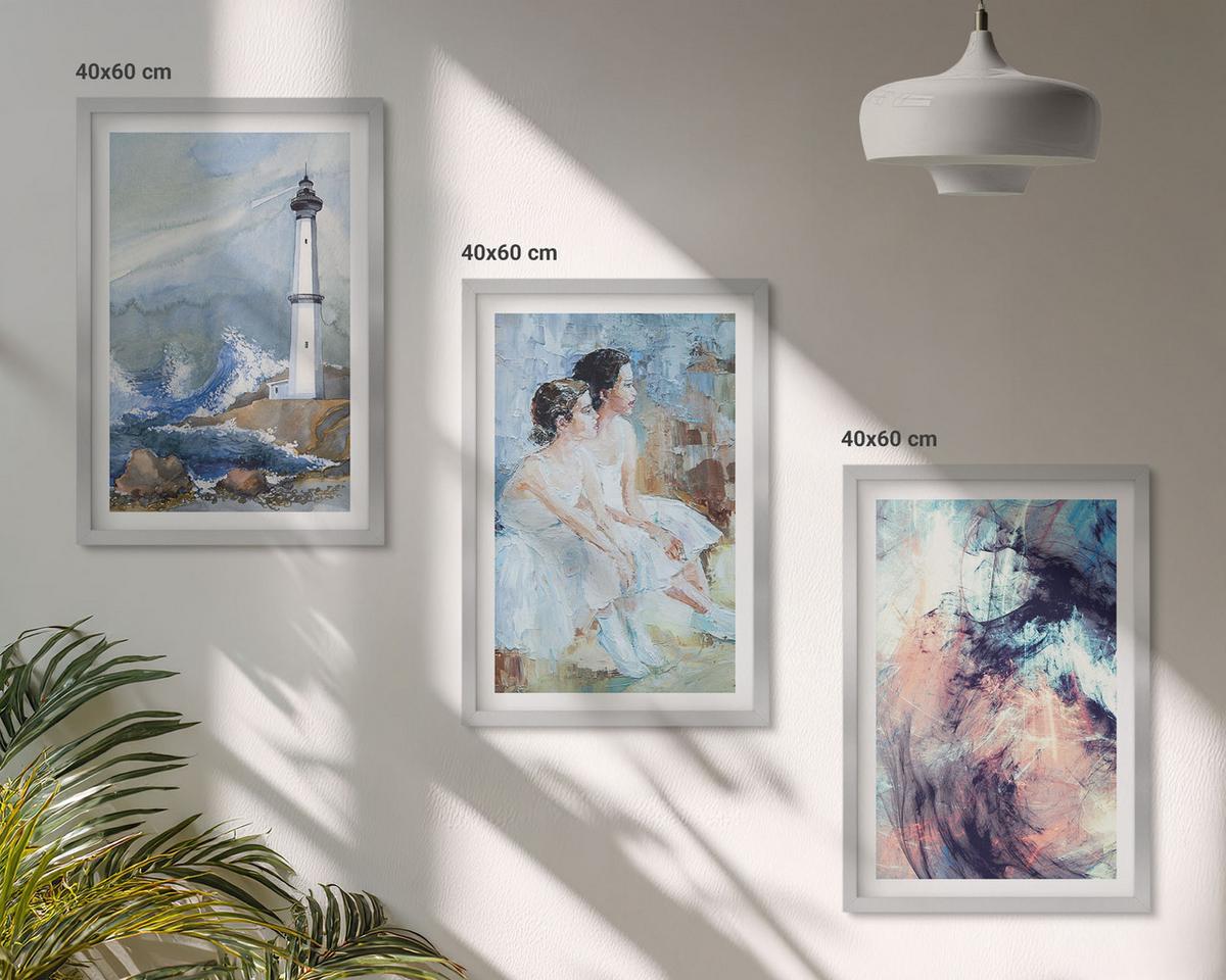 BILDER SET 3er Set - 40x60 cm Silberner Rahmen - Leuchtturm-Abstrakte Tänzerin - Silberfarben, Kunststoff (40/60cm) - TULUP