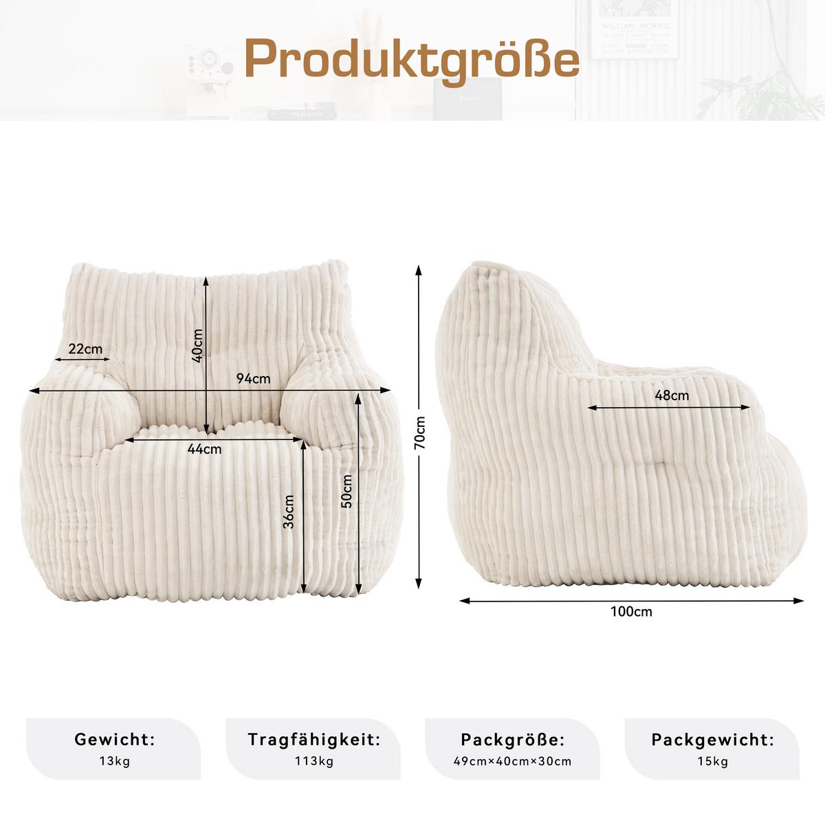 SESSEL weicher cord-stoff ergonomischer mit schaumstofffüllung - Beige, Textil (100/70/94cm) - Urban Meuble