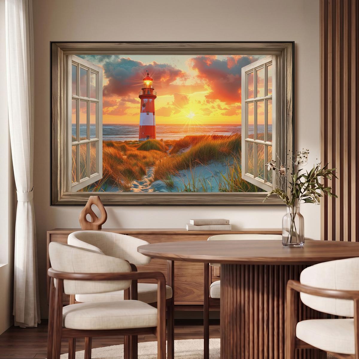 LEINWAND Bilder mit Rahmen - Aussicht - Fenster - Leuchtturm - Sonnenuntergang - Strand - 150x100 - Dunkelorange, Textil (150/100cm) - MuchoWow