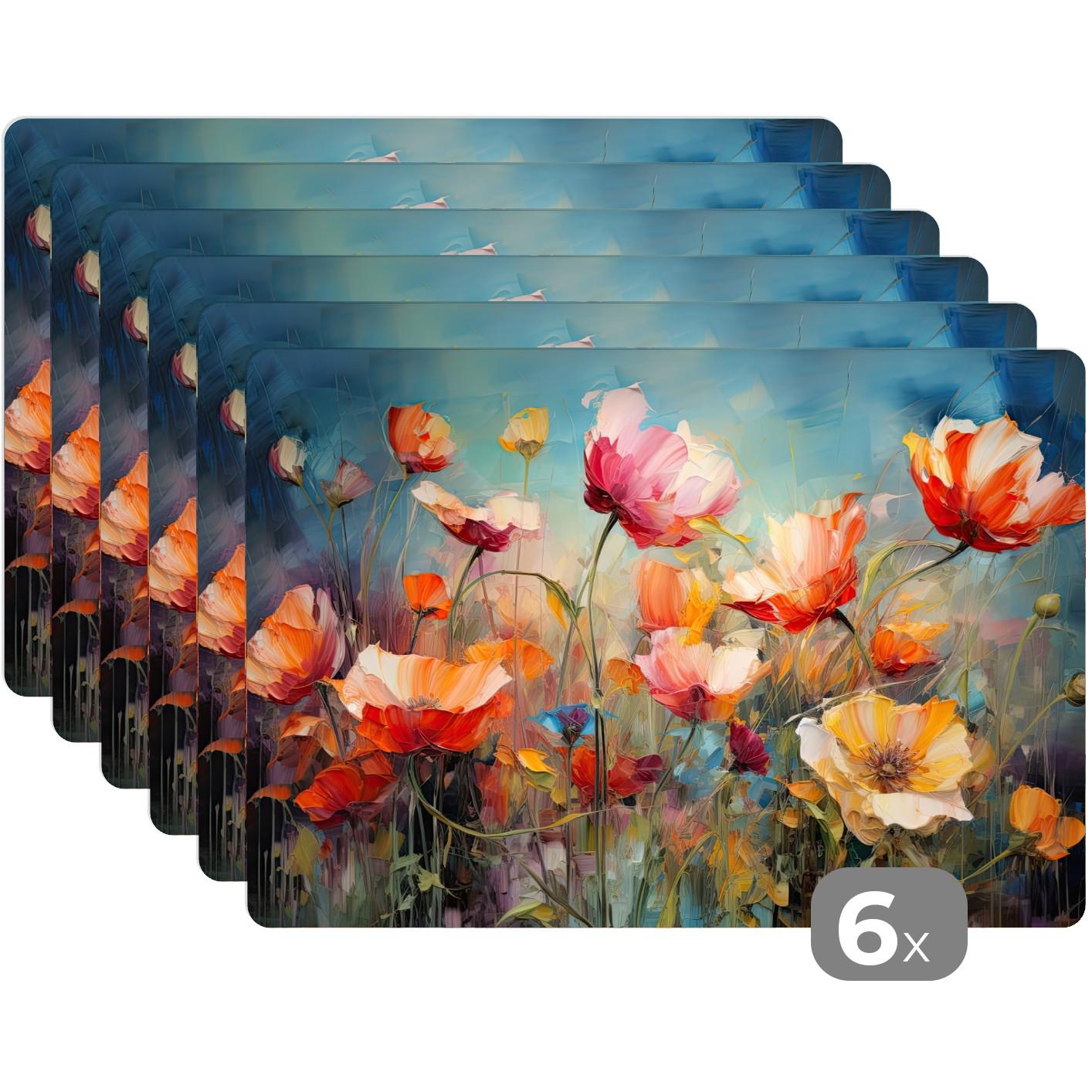 PLATZSETS 6er-Set Blumen - Aquarell - Kunst - Botanisch - Natur Tischunterlage 45x30 cm - Koralle, Kunststoff (0.3/45/30cm) - MuchoWow