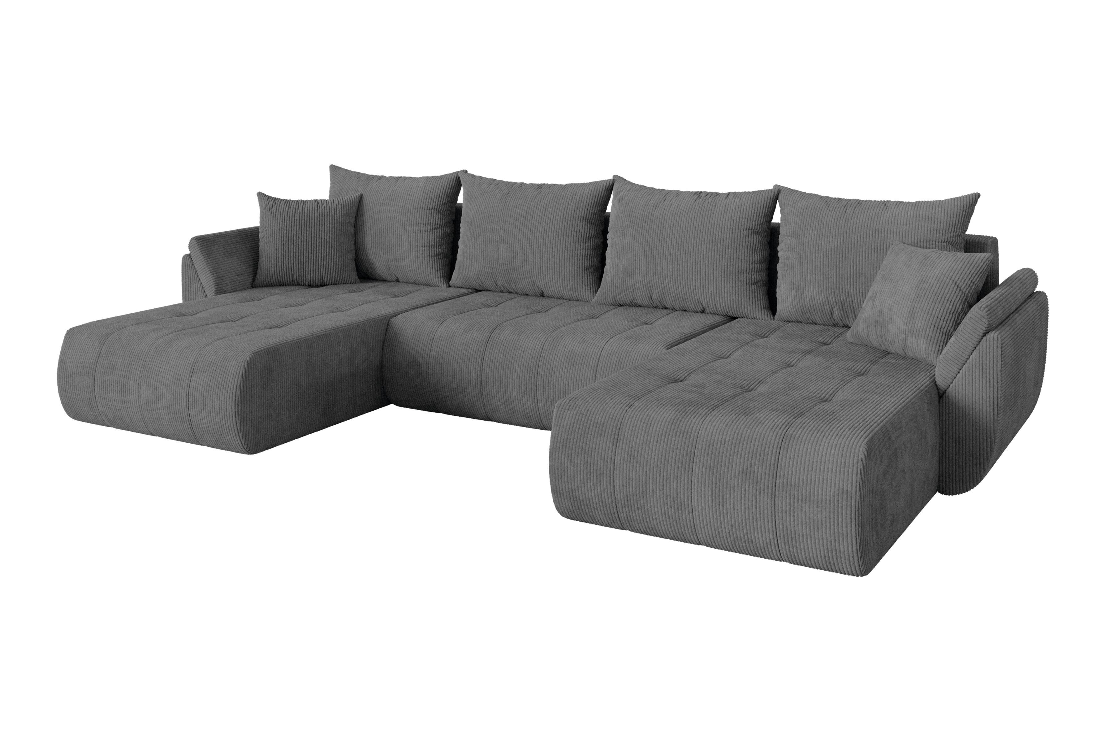 WOHNLANDSCHAFT mit Schlaffunktion und Bettkasten TOKO-U 378x194x86 Dunkelgrau Cord - Dunkelgrau/Schwarz, Holzwerkstoff/Kunststoff (378/86/194cm) - ALTDECOR