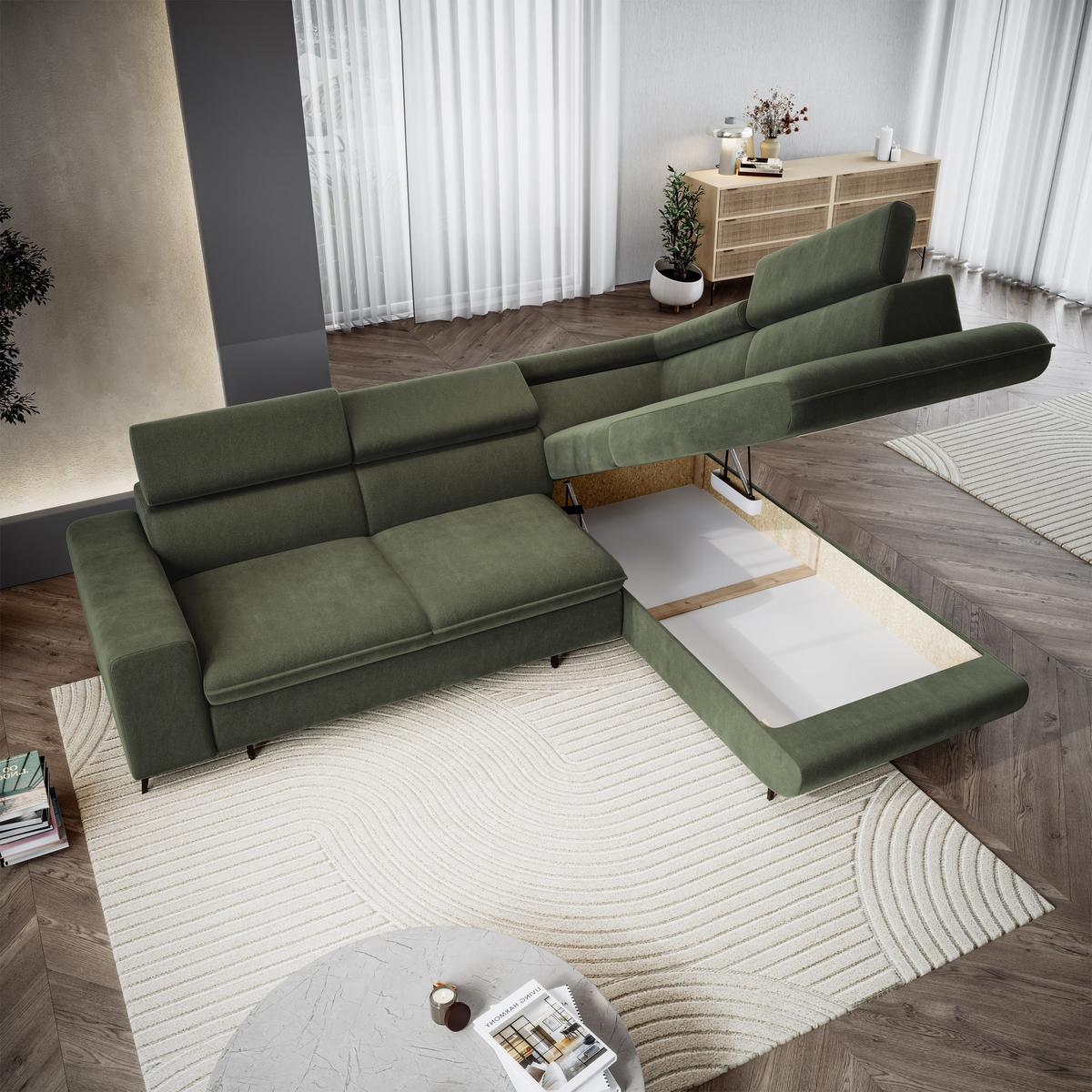 ECKSOFA VELISS Olivgrün Veloursstoff mit Schlaffunktion - Olivgrün, Holz (255/193cm) - MASSENO