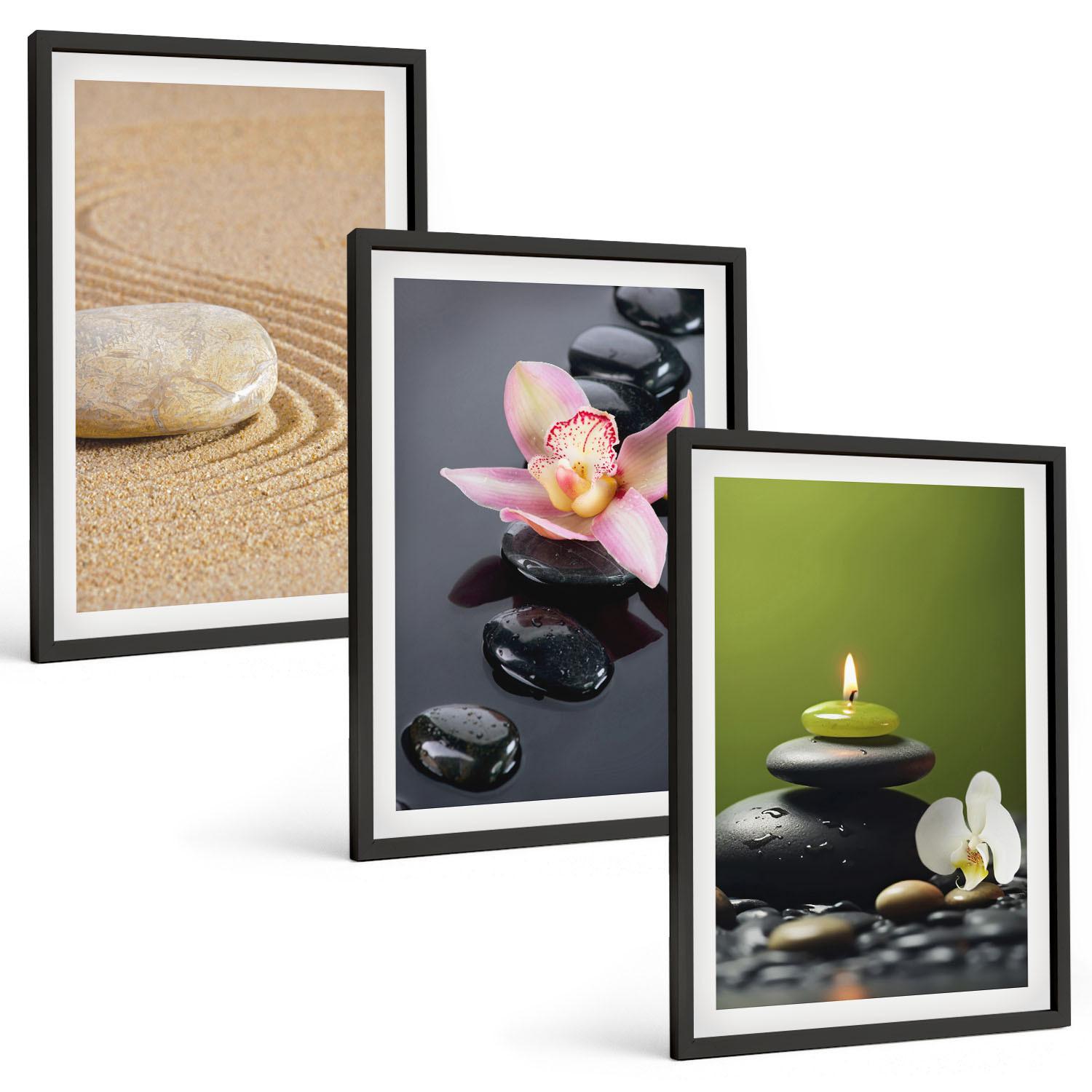 BILDER SET 3er Set - 40x60 cm Schwarzer Rahmen - Entspannende Zen-Steinmotive - Schwarz, Kunststoff (40/60cm) - TULUP