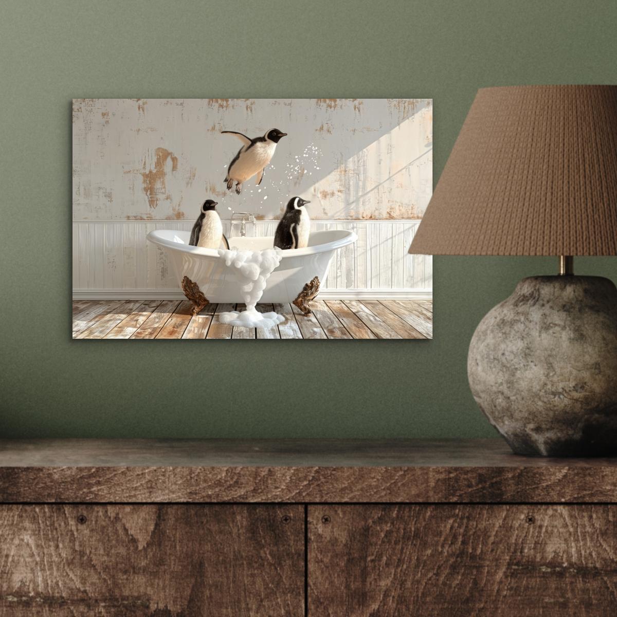 METALLBILD Vintage - Pinguin - Badewanne - Schaumstoff 30x20 cm - Schwarz, Metall (30/20cm) - MuchoWow