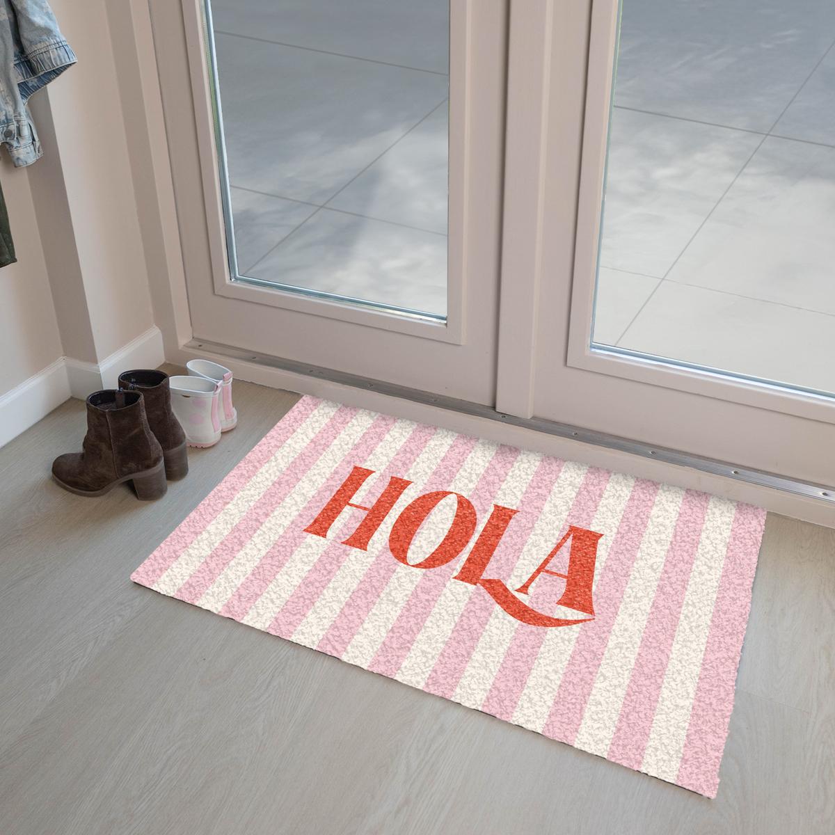 FUSSMATTE Hola - Zitat - Streifen - Pastell - Rosa - Rot - Weiß Schmutzfangmatte 90x60 cm - Rosa, Kunststoff (90/0.4cm) - MuchoWow