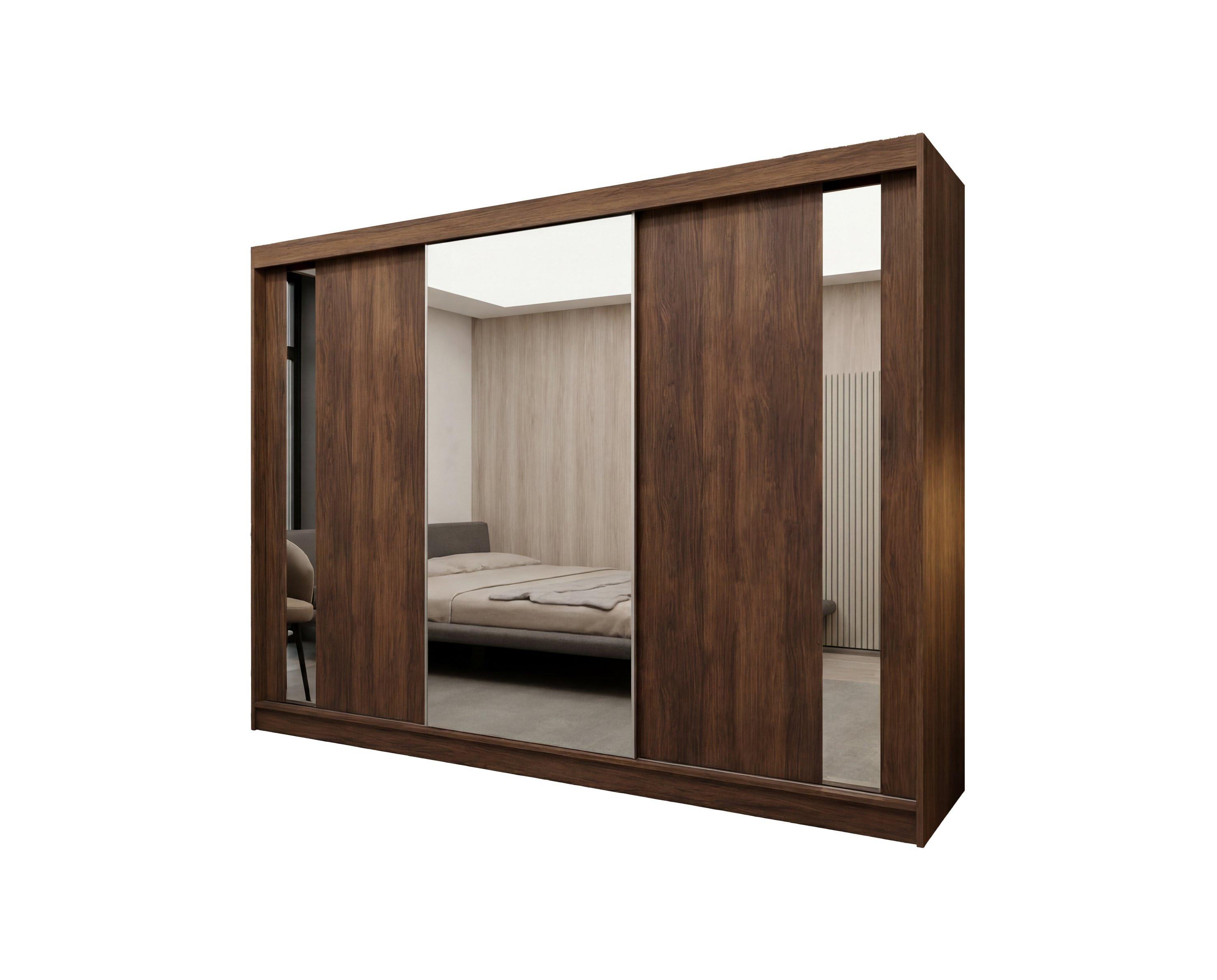 SCHWEBETÜRENSCHRANK GRAZIA 240/216/61 cm Modern Kleiderschrank 3-türig mit Spiegel Nussbaumfarben - Nussbaumfarben, Holzwerkstoff (240/216/61cm) - MASSENO