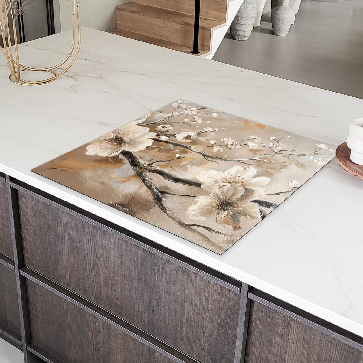 HERDABDECKPLATTE Blumen - Abstrakt - Gemalt - Beige Induktionsmatte 78x78 cm - Kaschmir, Kunststoff (78/78/0.2cm) - MuchoWow