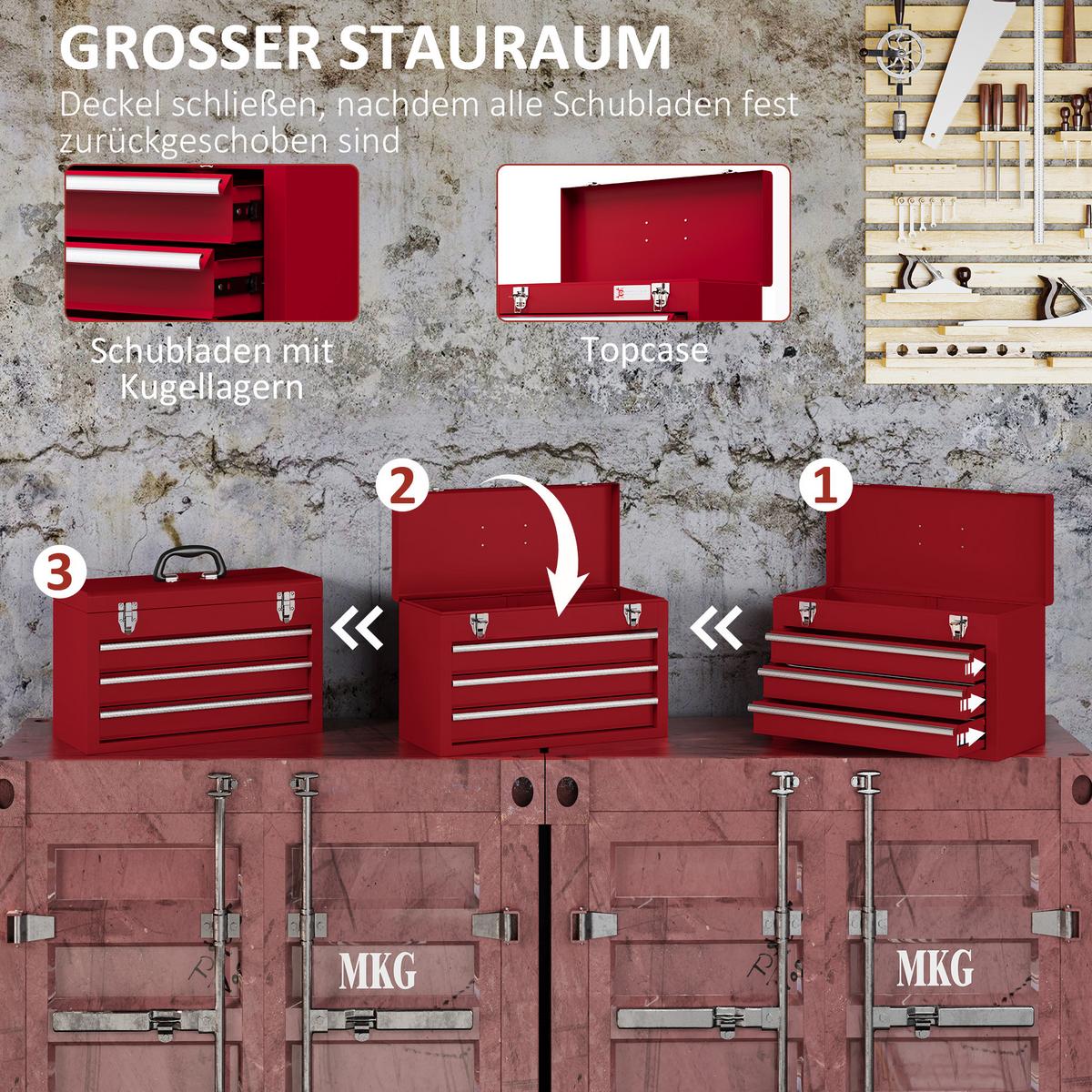 WERKZEUGKOFFER leer, 51 x 22 x 32 cm Werkzeugkasten mit 3 Schubladen Rot - Rot, Metall (22/32/51cm) - DURHAND