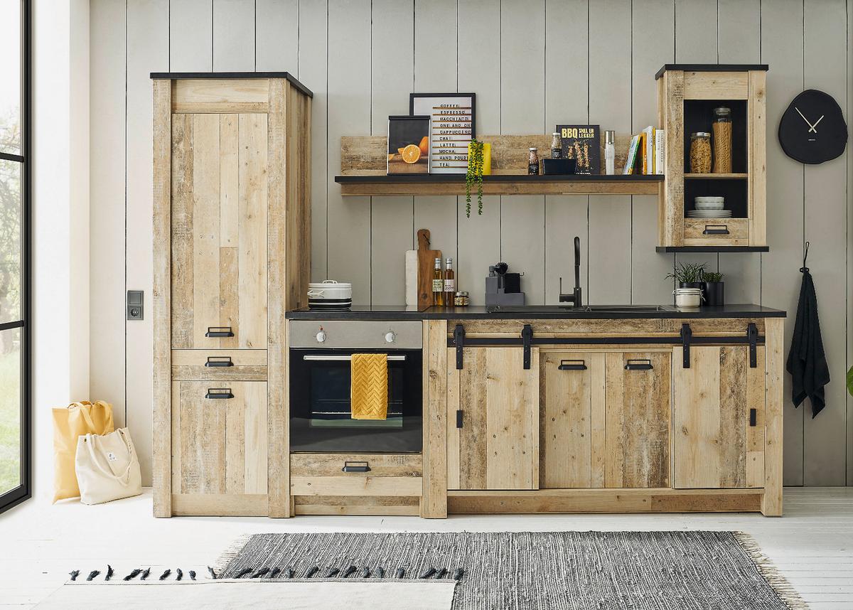 KÜCHEN-SET Used Wood hell, anthrazit 196 cm, Küchenschrank Set 3-teilig mit Schiebetür - Anthrazit/Schwarz, Holzwerkstoff/Metall (196/180/64cm) - Furn.Design