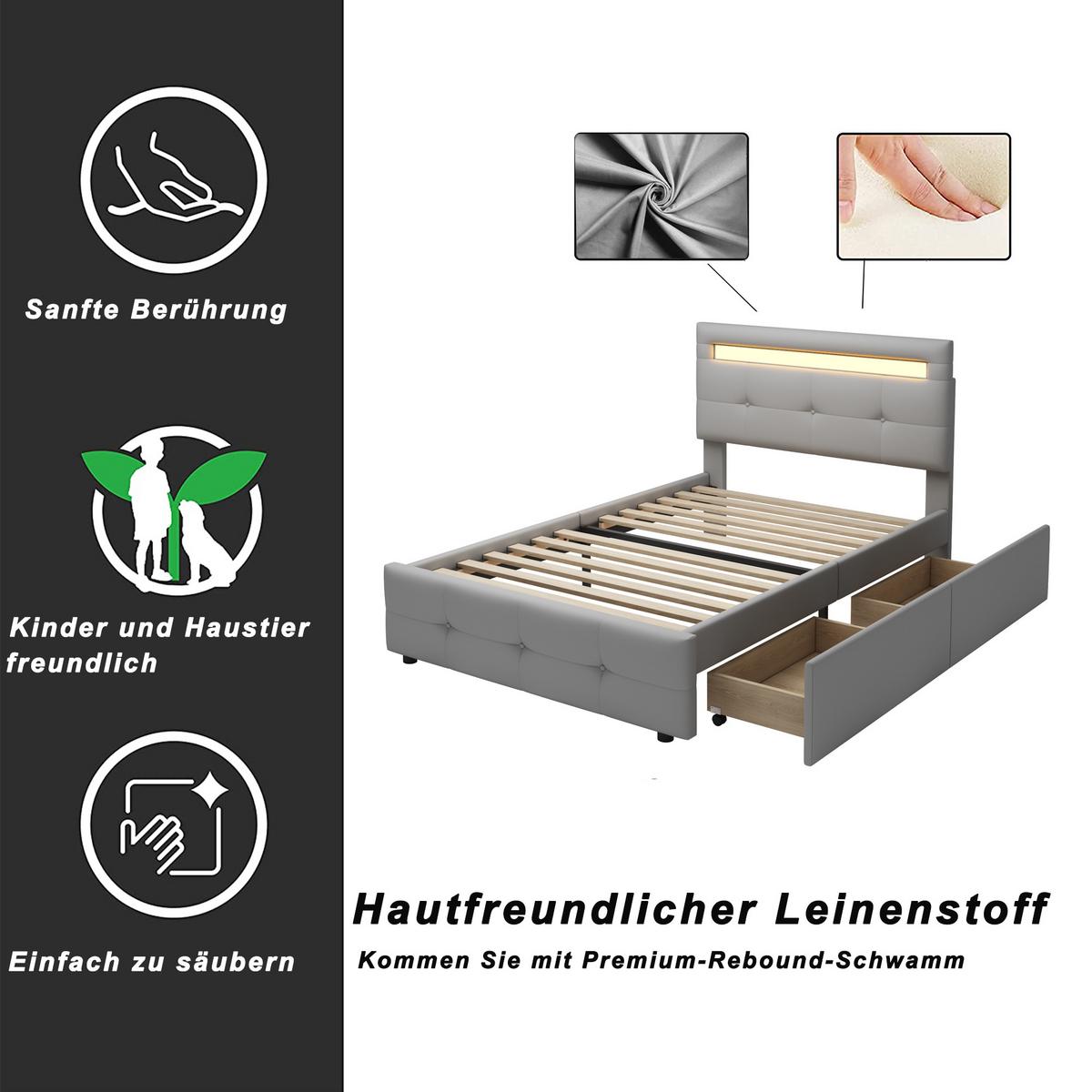 POLSTERBETT 90x200 cm in Leinen-Optik Grau mit LED-Beleuchtung & 2 Schubladen - Grau, Textil (90/200cm) - Urban Meuble