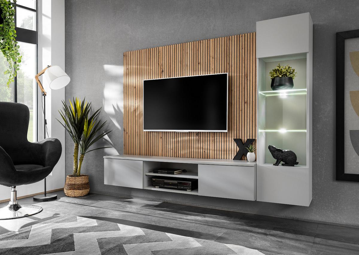 WOHNWAND Lehm-Grau, Eiche Artisan 200 cm, Schrankwand inklusive LED Beleuchtung, Wandpaneel, Push-to-Open - Hellgrau/Eiche Artisan, Glas/Holzwerkstoff (200/148/35cm) - Inn.Furn