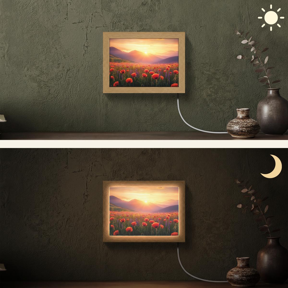 WANDLEUCHTE Landschaft - Sonnenuntergang - Blumenfeld 20x15 cm - Rot, Holzwerkstoff (20/15/8cm) - OnlyWow