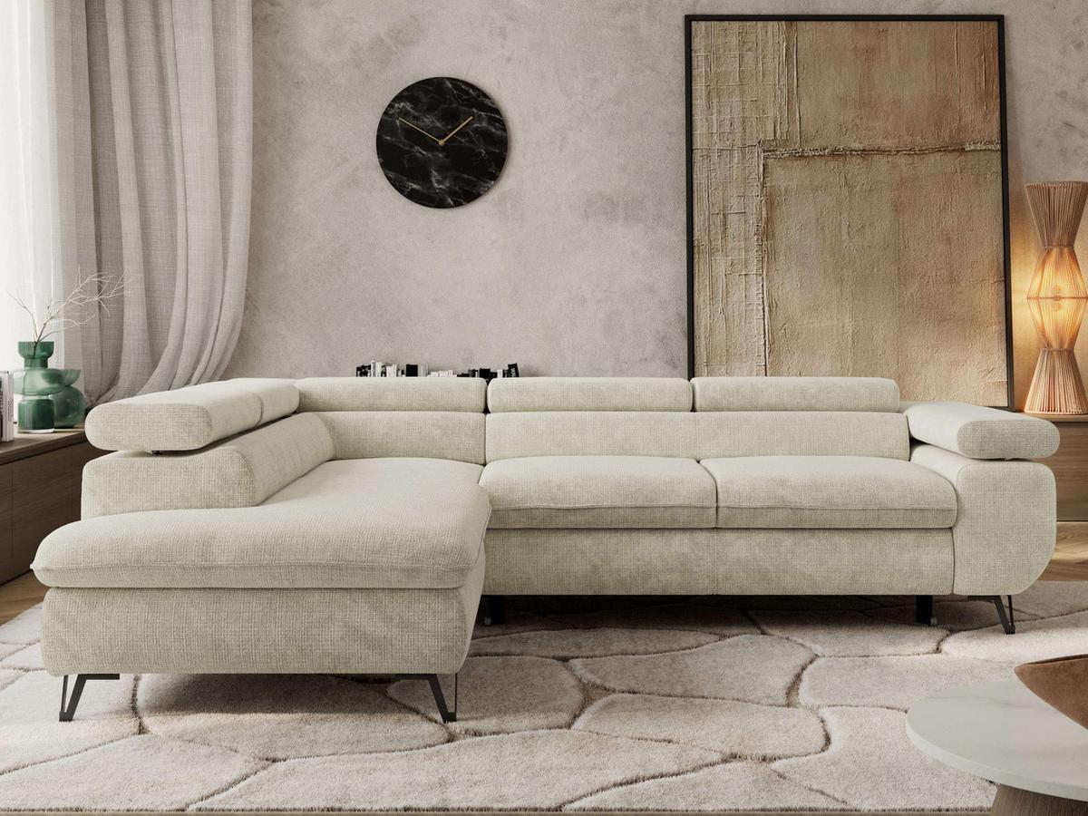 ECKSOFA PABLO L Creme Schenille grob gewebt - Links Seite - Creme/Schwarz, Textil/Metall (208/273cm) - MKS