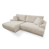 ECKSOFA Melvano mit Schlaffunktion und Bettkasten im Japandi-Stil aus weichem Beige Chenille-Stoff - Creme/Schwarz, Holz/Kunststoff (145/240cm) - S-Style