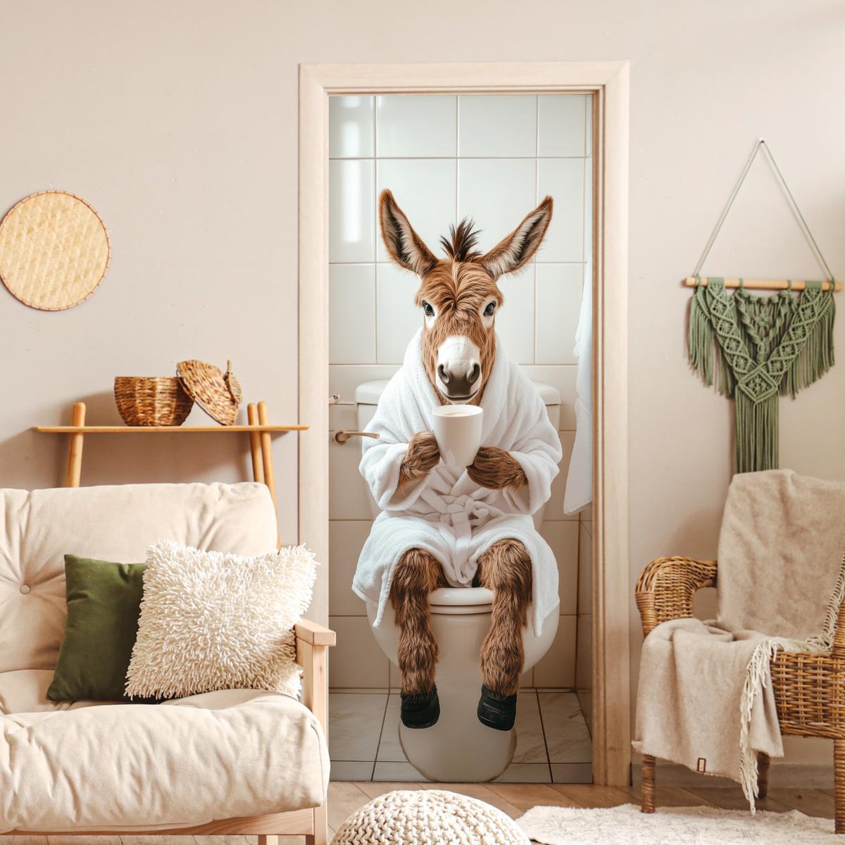 TÜRAUFKLEBER Esel - WC - Lustig - Bademantel - Tier 80x215 cm - Türtapete - Beige, Kunststoff (80/0.1cm) - MuchoWow