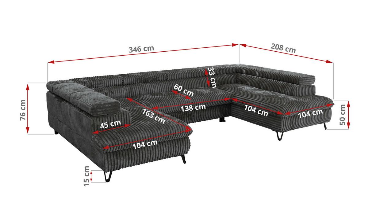 WOHNLANDSCHAFT PABLO U Cord Grau mit Topper Visco - Dunkelgrau/Schwarz, Textil/Metall (346/76/208cm) - MKS