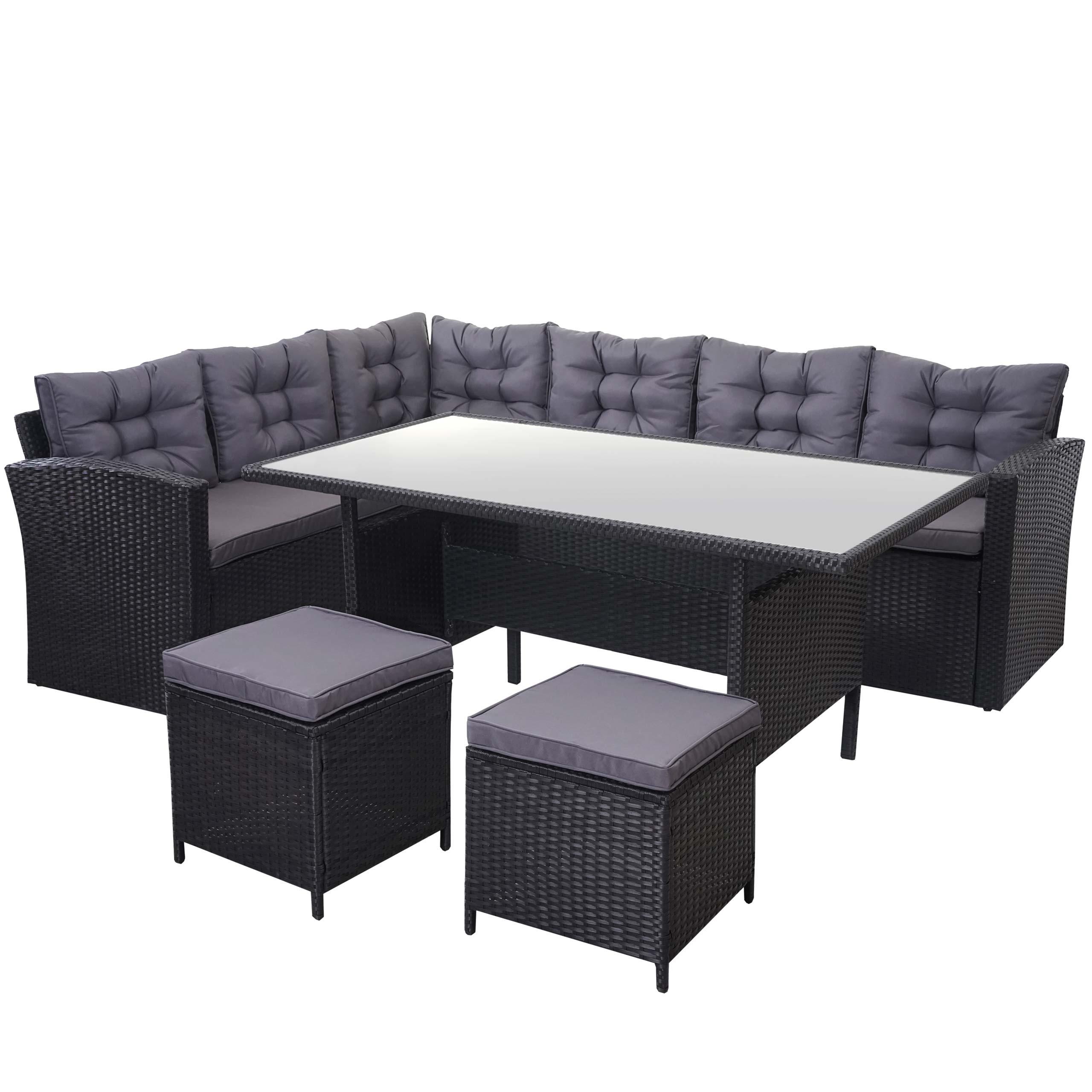 POLY-RATTAN-GARNITUR + HOCKER Schwarz 4er-Set - Schwarz, Kunststoff - MCW