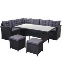 POLY-RATTAN-GARNITUR + HOCKER Schwarz 4er-Set - Schwarz, Kunststoff - MCW