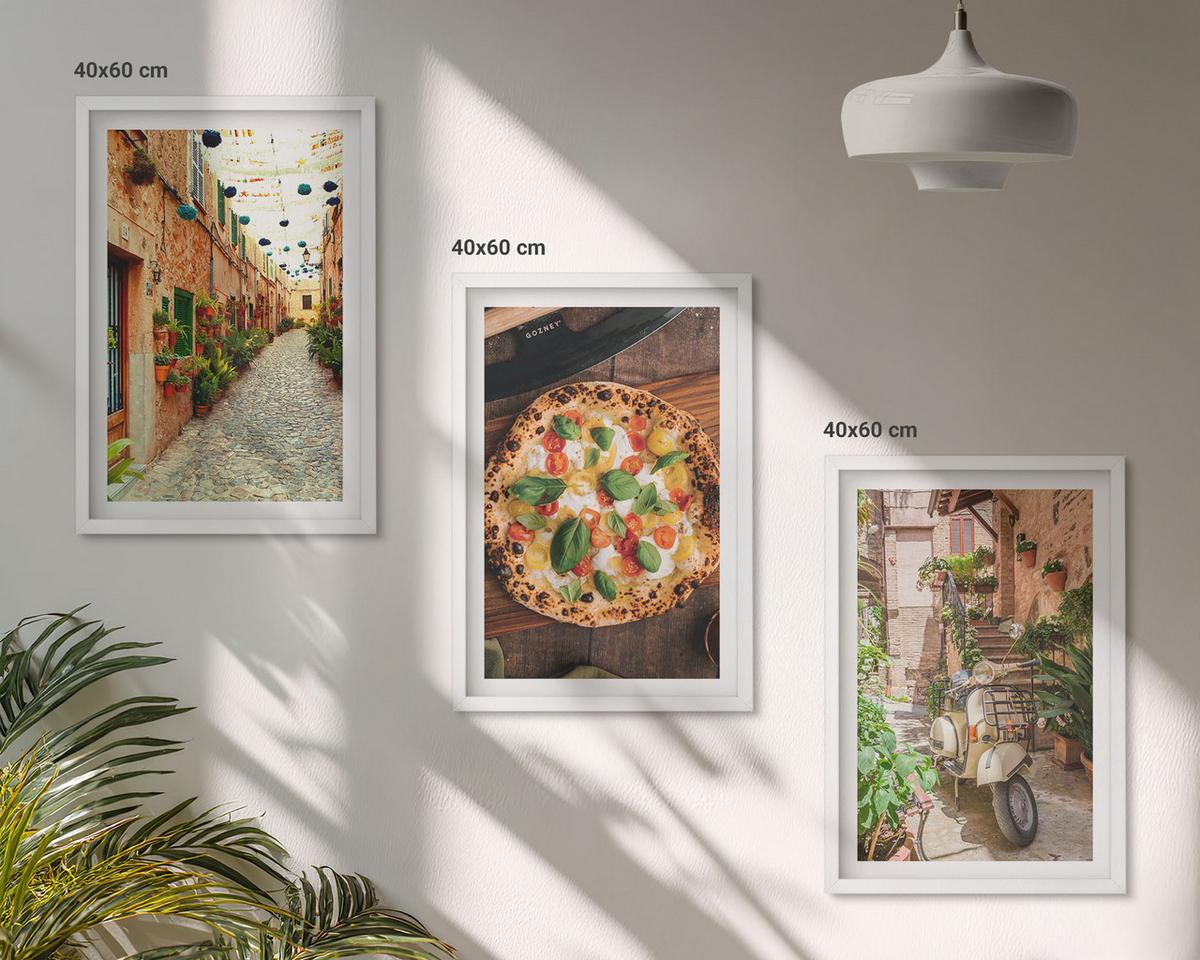 BILDER SET 3er Set - 40x60 cm Weißer Rahmen - Charmante Straßen mit Pizza - Weiß, Kunststoff (40/60cm) - TULUP