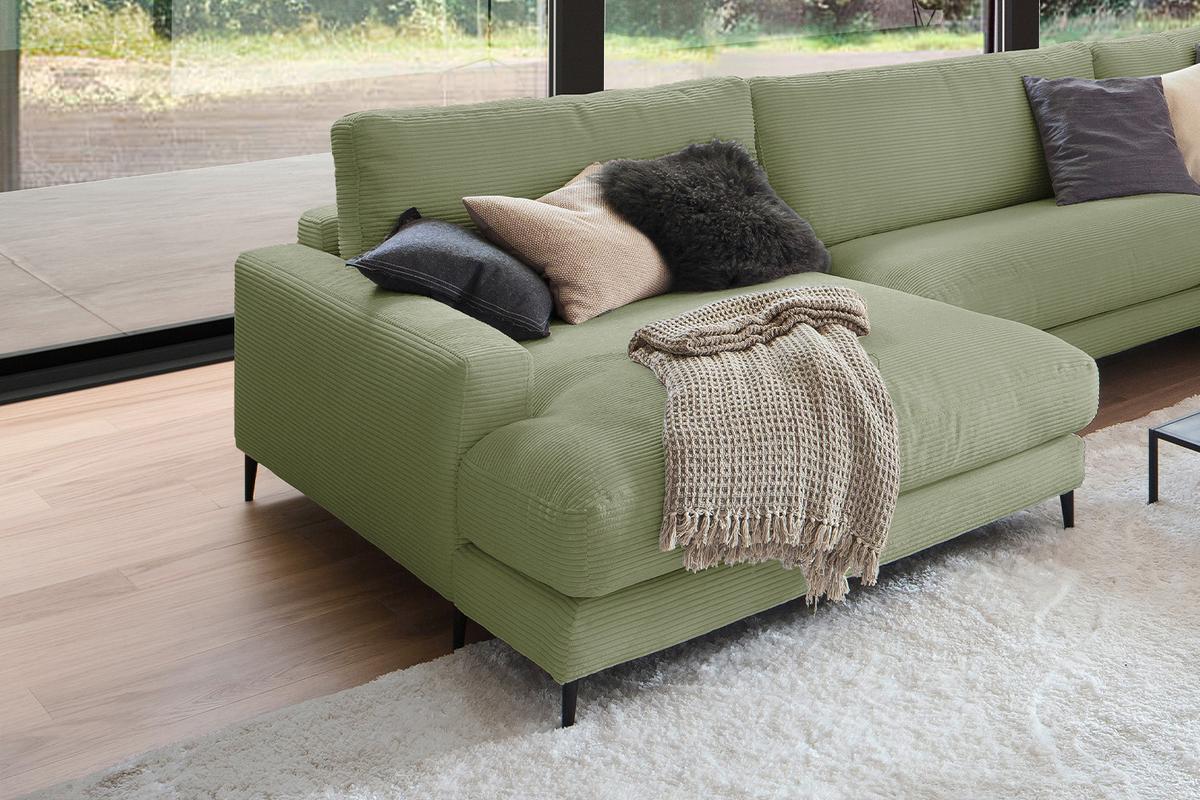 WOHNLANDSCHAFT CARA Grün Cord - Schwarz/Olivgrün, Textil (341/84/223cm) - KAWOLA