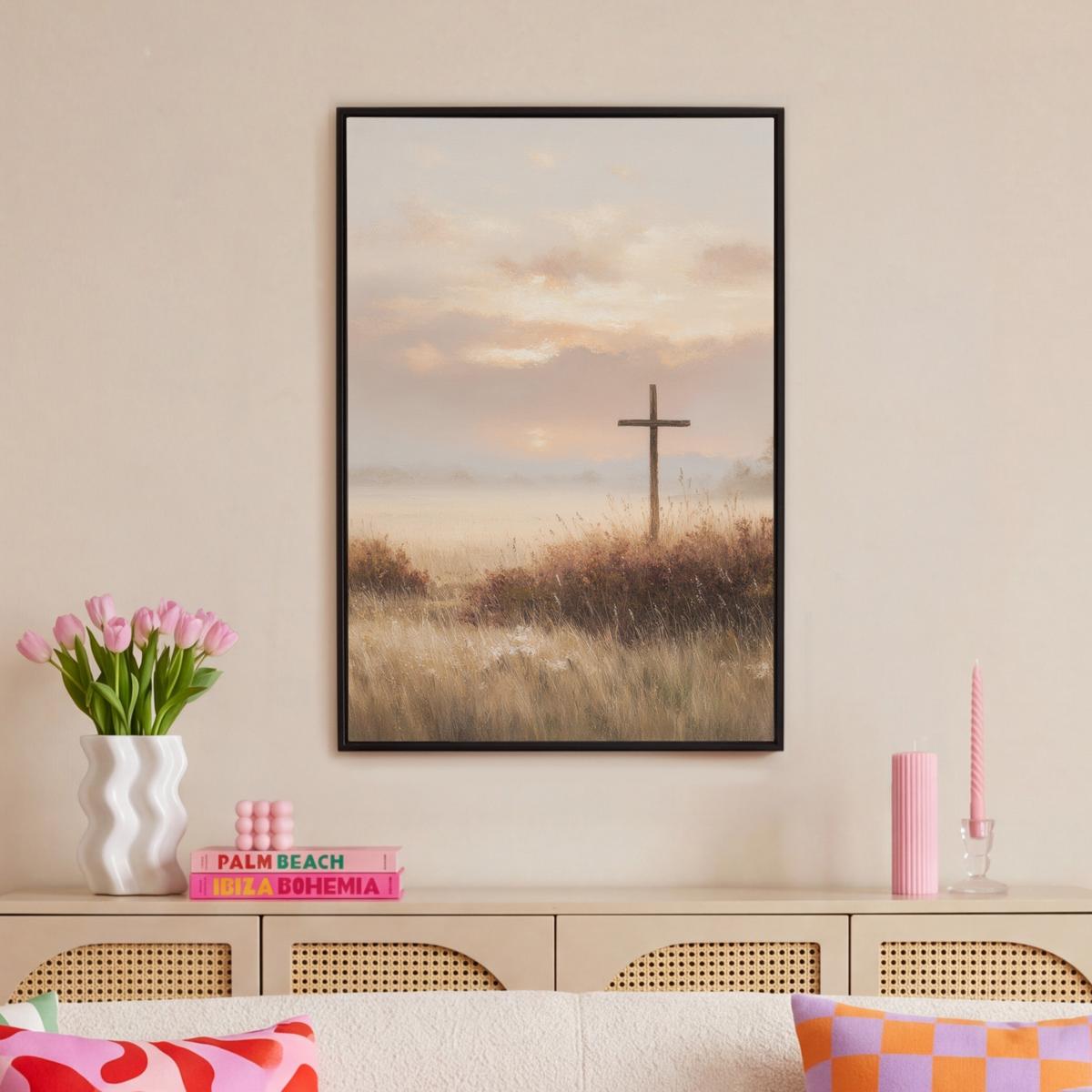 LEINWAND Bilder mit Rahmen - Gras - Morgennebel - Kreuz - Christentum - 60x90 - Beige, Textil (60/90cm) - MuchoWow