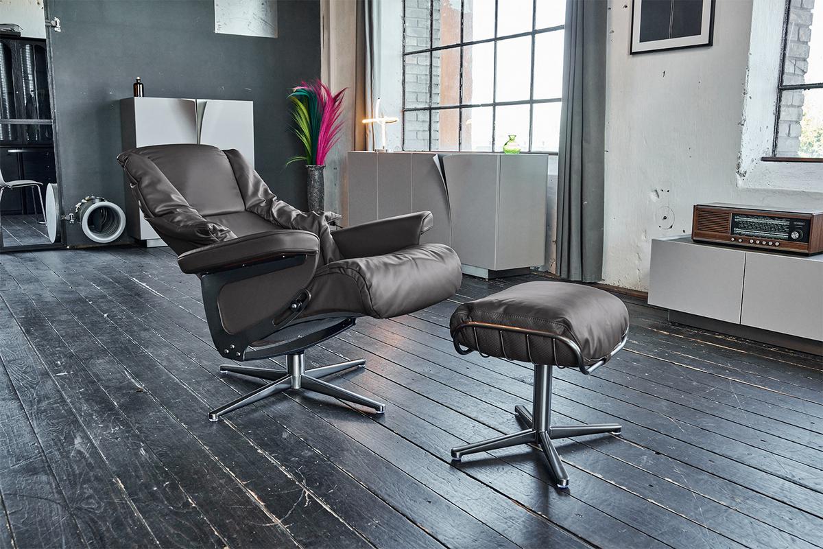 RELAXSESSEL MIT HOCKER MODO Grau Leder - Dunkelgrau/Silberfarben, Leder/Metall (81/98/90cm) - KAWOLA