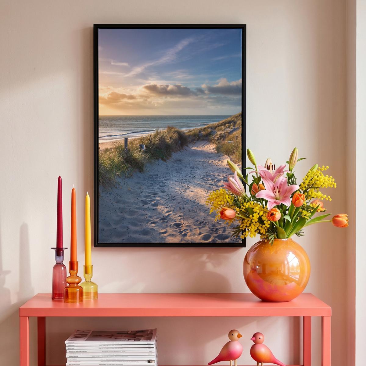 LEINWAND Bilder mit Rahmen - Sonnenuntergang - Strand - Düne - Gras - Ufer - 40x60 - Sandfarben, Textil (40/60cm) - MuchoWow