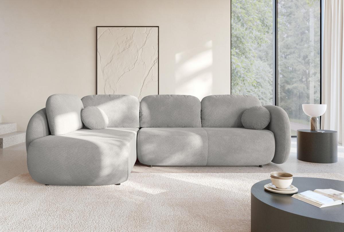 ECKSOFA AMICO II L-S Hellgrau Geflochtener Stoff mit Schlaffunktion - Hellgrau, Holz (289/190cm) - MASSENO