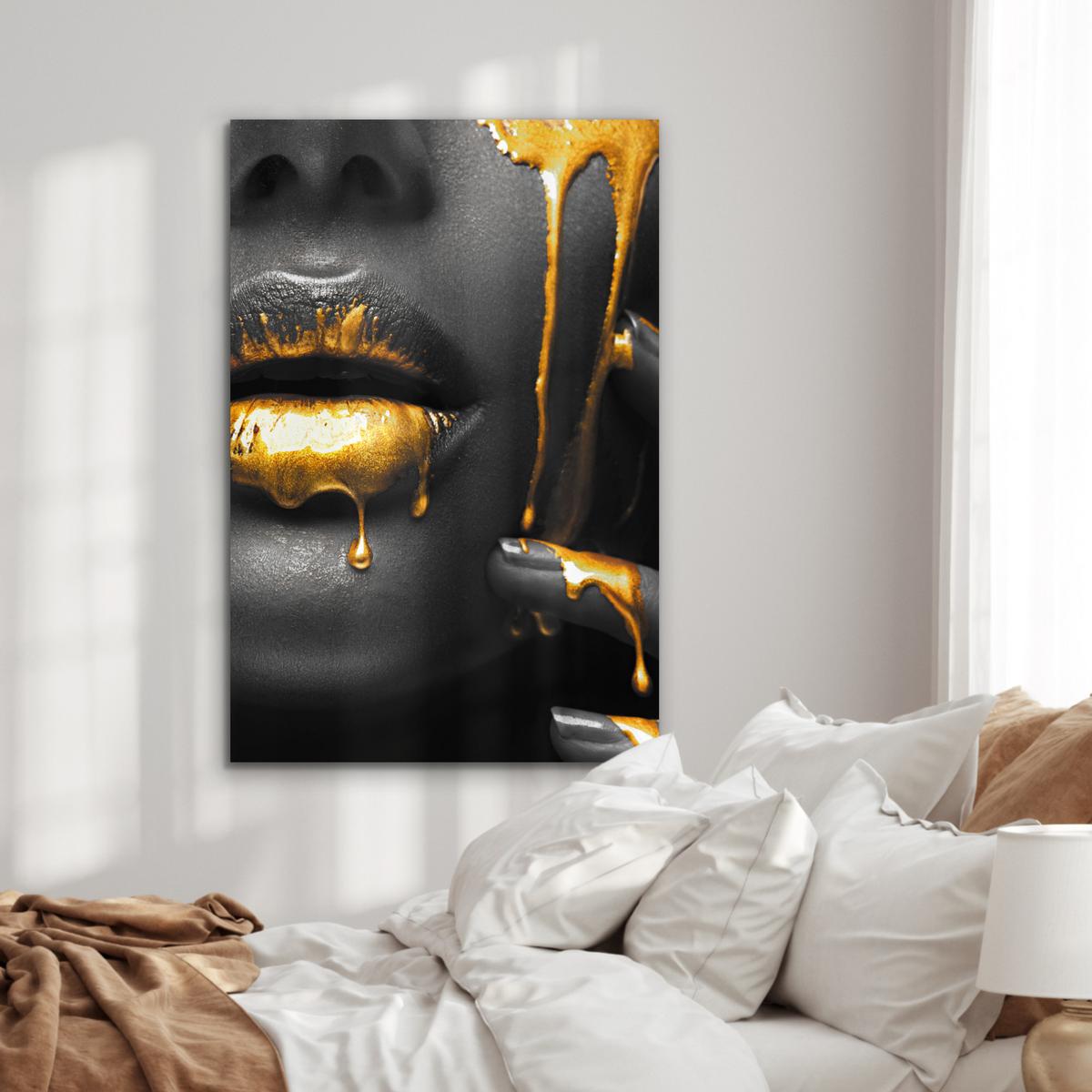 METALLBILD Frau - Schwarz - Gold - Gesicht - Lippen 80x120 cm - Goldfarben, Metall (80/120cm) - MuchoWow
