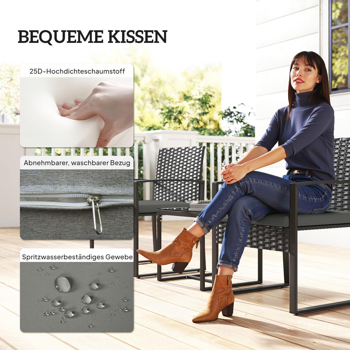 BISTROSET 3 TLG. mit 2 Gartenstühlen & Couchtisch, Dunkelgrau - Dunkelgrau/Schwarz, Textil/Metall - Outsunny