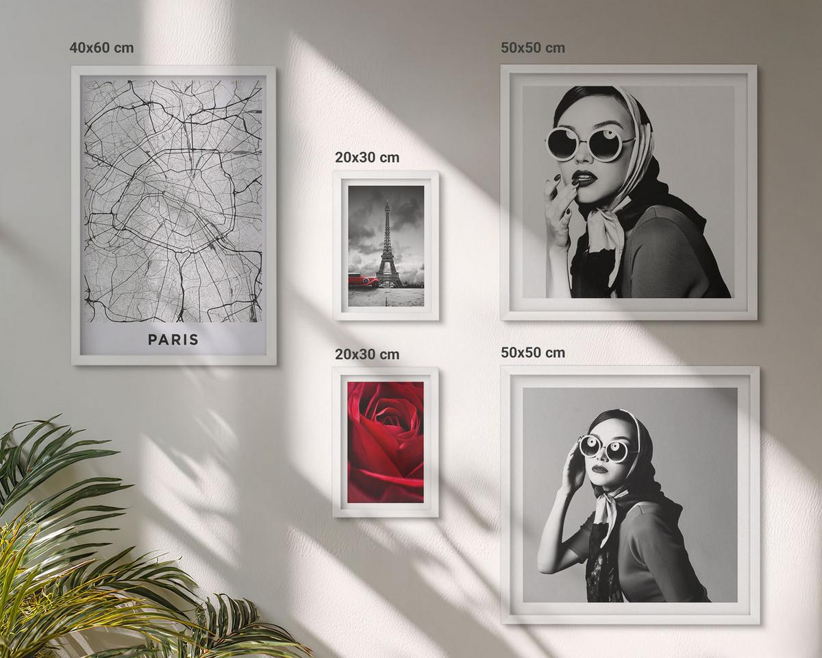 BILDER SET 5er Set - 50x50 cm & 20x30 cm & 40x60 cm Weißer Rahmen - Pariserin mit Eiffelturmbrille - Weiß, Kunststoff (40/60cm) - TULUP