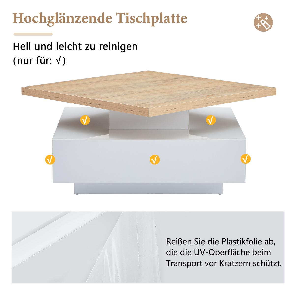 COUCHTISCH 360° Drehbar Weiß Hochglanz & Nussbaum Quadratisch 1 Schublade - Naturfarben, Holzwerkstoff (70/70/36cm) - Urban Meuble