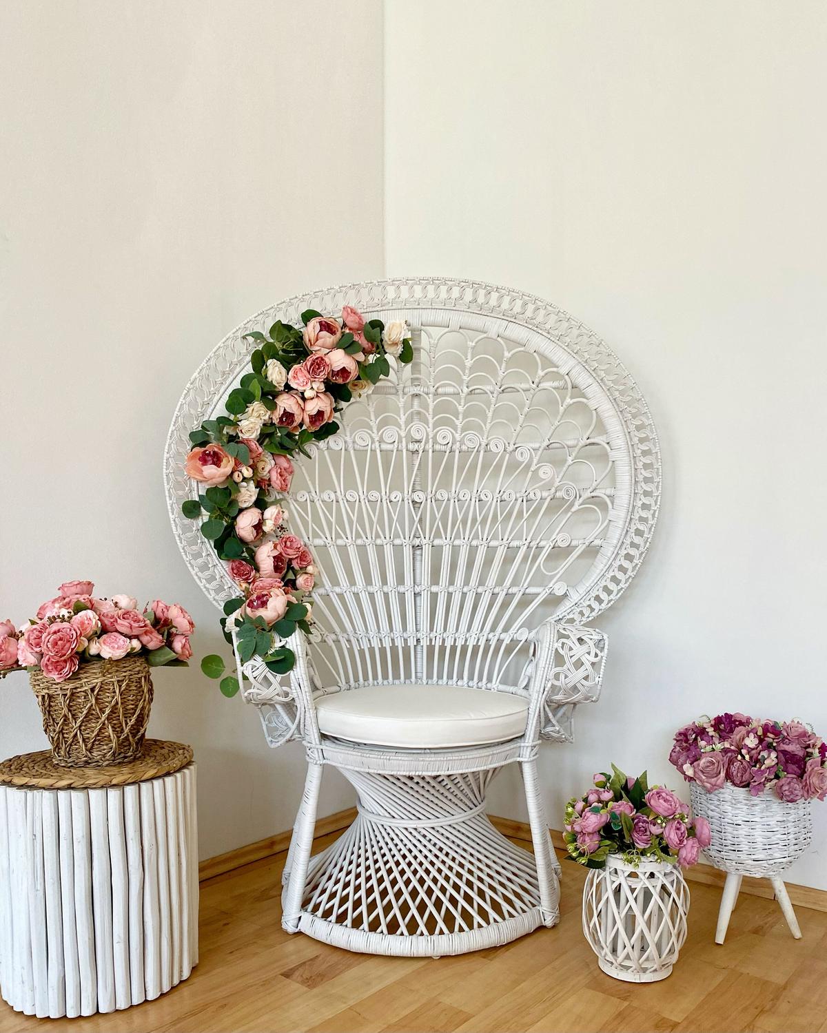 PFAUENSESSEL Rattan/Baumwolle weiß Emmanuelle - Weiß, Naturmaterialen/Textil (120/150/50cm) - Beliani