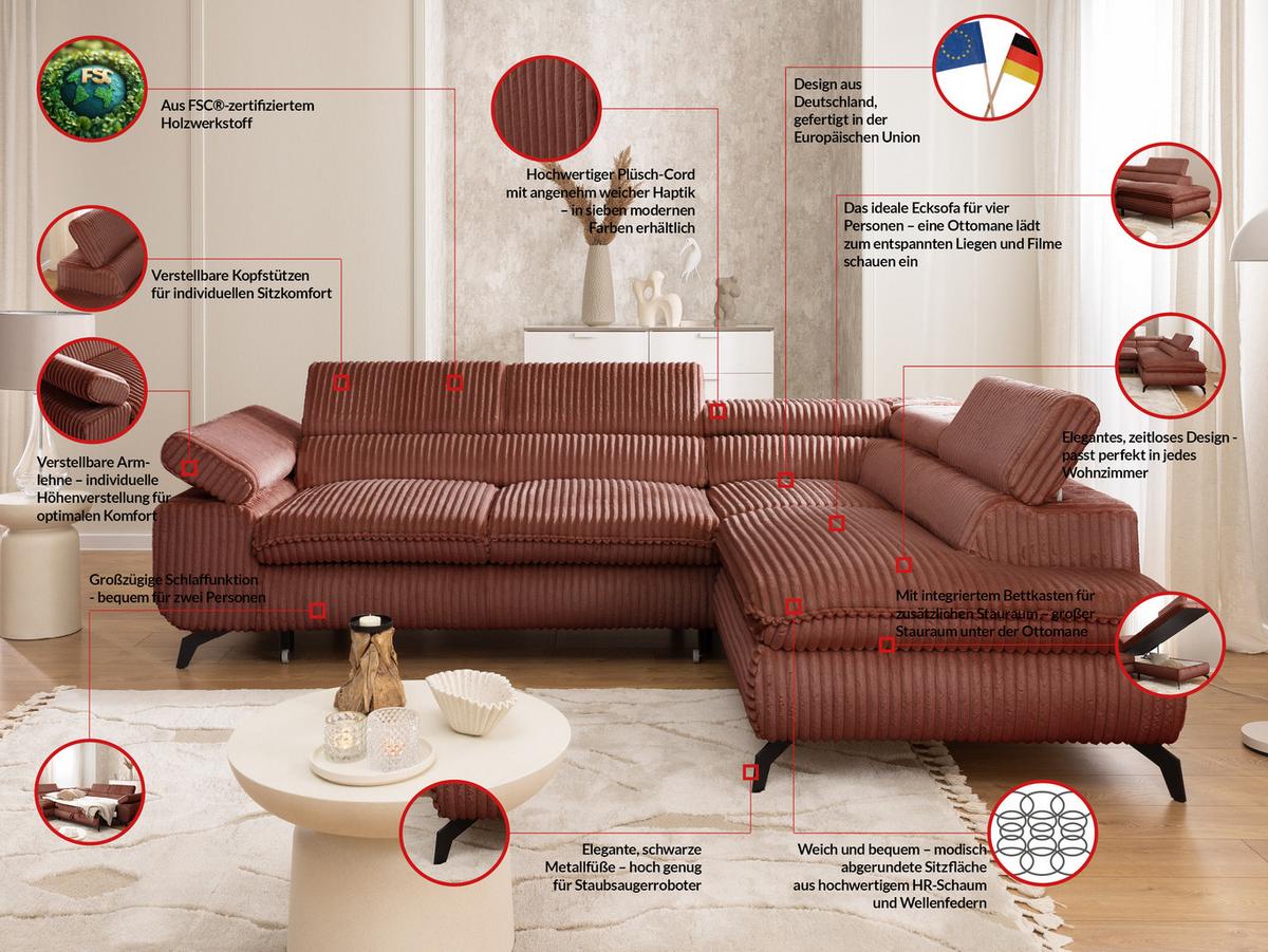 ECKSOFA mit Schlaffunktion und Bettkasten Bonnie aus Terrakotta Cord-Stoff mit verstellbaren Kopfstützen und Armlehne - Ottomane rechts - Terracotta/Schwarz, Holz/Textil (275/210cm) - S-Style Möbel