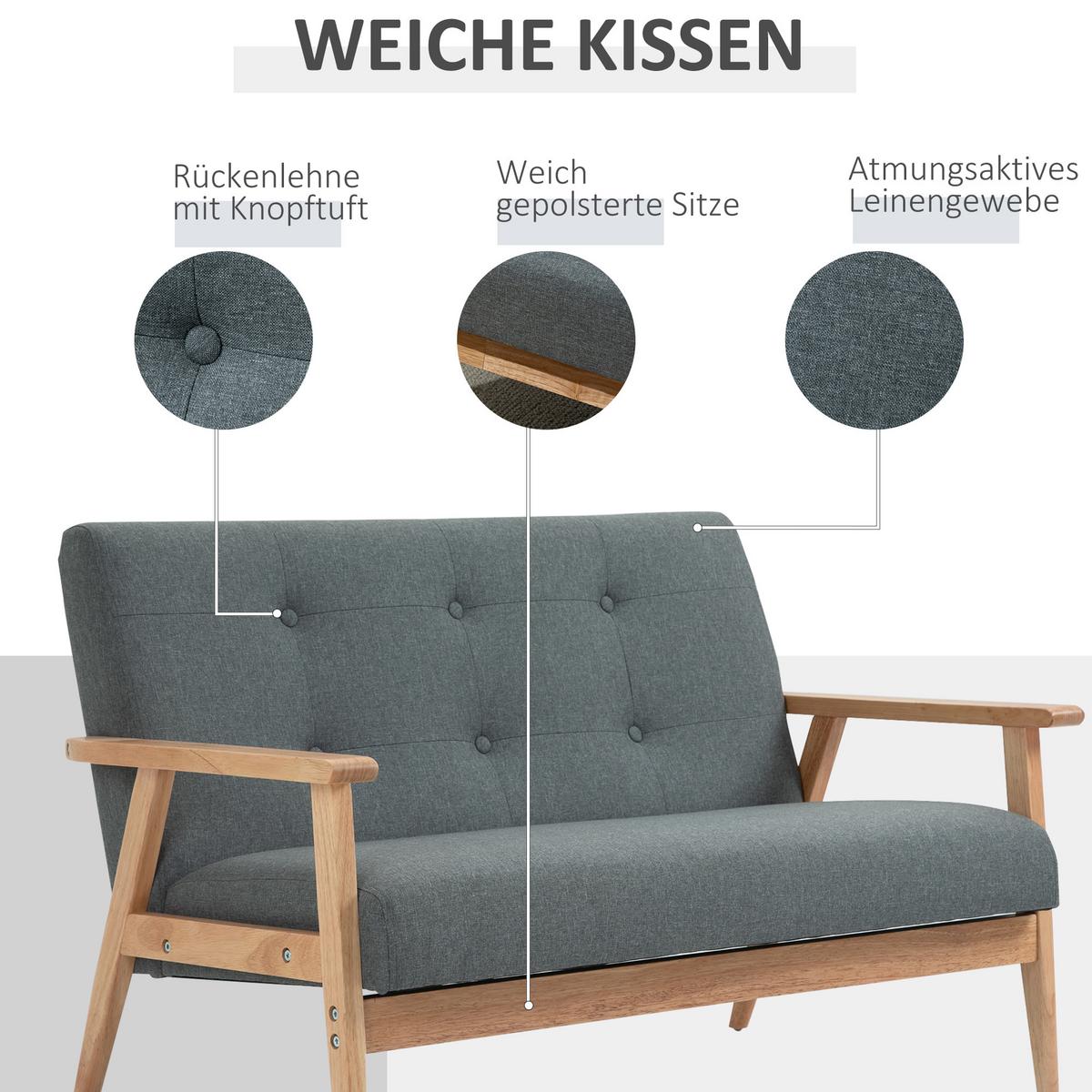 2 Sitzer Sofa Doppelsofa Polsterung Loveseat kompakt Leinen Grau - Dunkelgrau, Textil (66.5/73/115cm) - HOMCOM