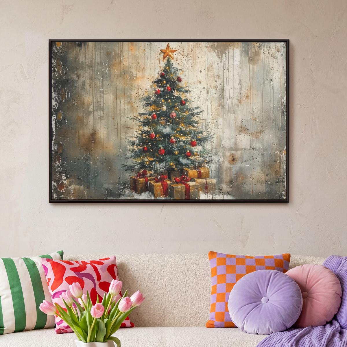 LEINWAND Bilder mit Rahmen - Weihnachtsbaum - Vintage - Weihnachten - Geschenk - 90x60 - Rostfarben, Textil (90/60cm) - MuchoWow