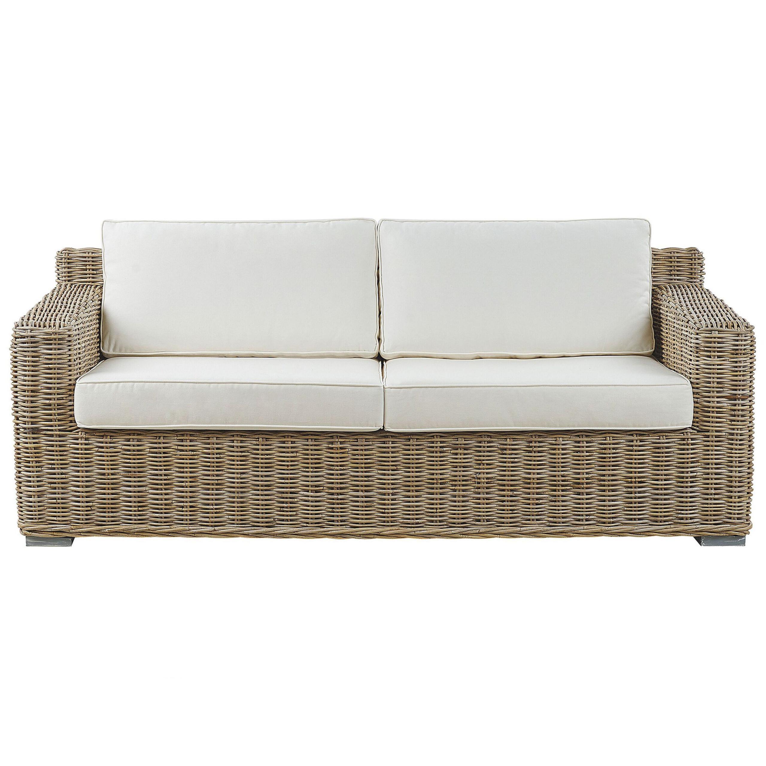 GARTENSOFA 2-Sitzer Rattan natürlich Auflagen cremeweiß Ardea - Beige/Naturfarben, Naturmaterialien (194/70/90cm) - Beliani