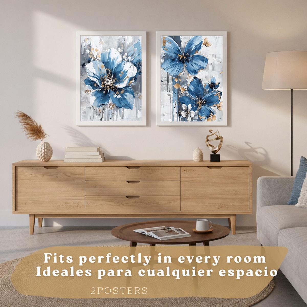 POSTER 2er-Set Wandbilder Blumen Blau Braun modern Wohnzimmer Deko, Schlafzimmer, Küche, Badezimmer Rahmenlos A4 - Klar, Papier (29.7/1/21cm) - Nacnic