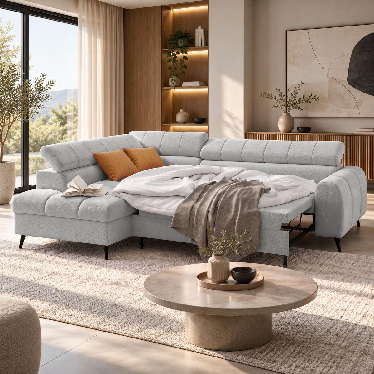 ECKSCHLAFSOFA Vinni Hellgrau, Chenille-Stoff, links - Hellgrau, Textil (265/205cm) - Beautysofa