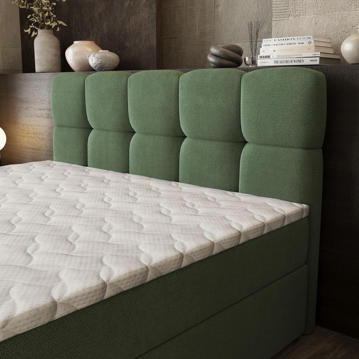 BOXBETT BRUME 200x200 cm mit Matratze und Topper, H2+H3 - Grün - Grün, Holz (200/200cm) - MASSENO